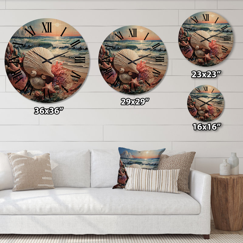Seashell At Beach Symphony Pointillism - Animals Oversized Wood Wall Clock, Extra Large
