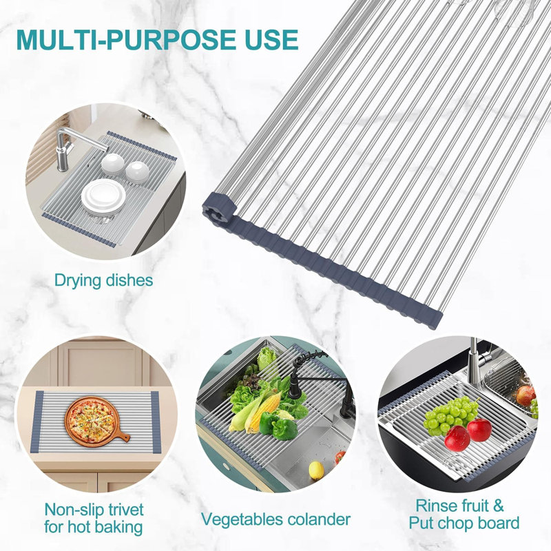 Extra Large Expandable Over-Sink Dish Drying Rack | Roll-Up Stainless Steel Sink Cover | Foldable & Rollable | Black (25.1''-17.3'')