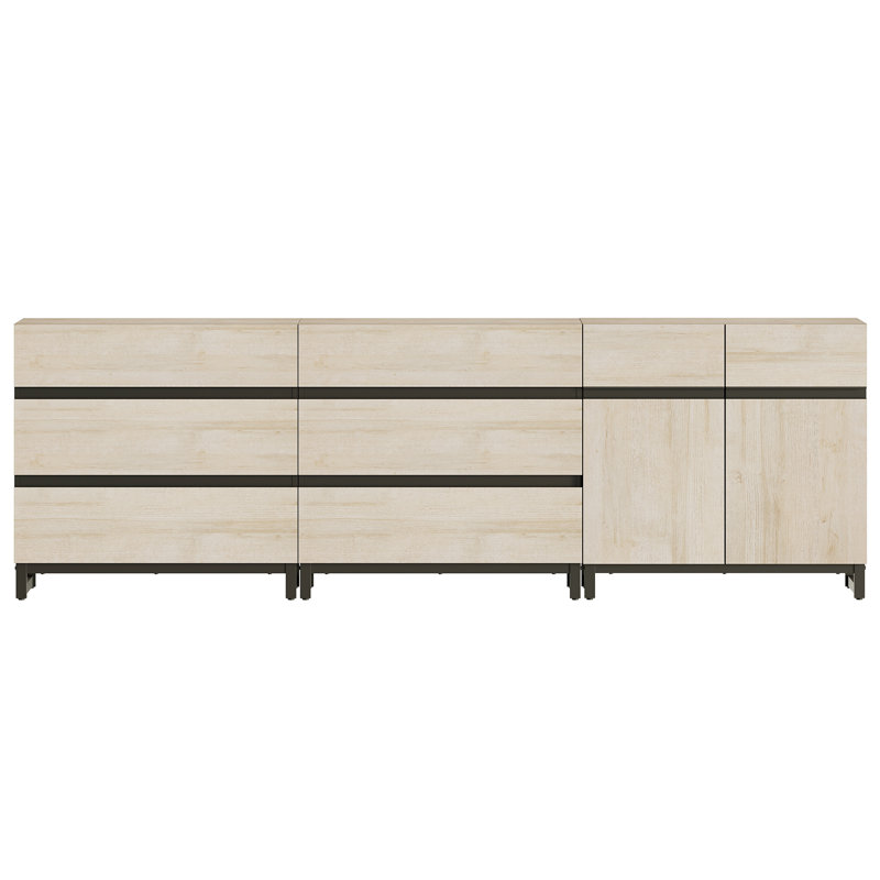 Meuble télé moderne pour téléviseur de 100 po ou moins, console 3 en 1 avec tablette réglable et 6 tiroirs, console média pour le salon, la chambre à coucher, chêne clair