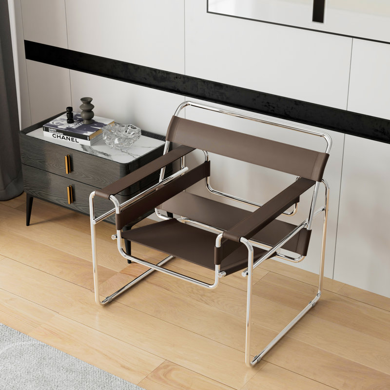 Fauteuil d'appoint Torvehallerne avec structure en acier inoxydable - Design moderne, sièges confortables, Similicuir brun