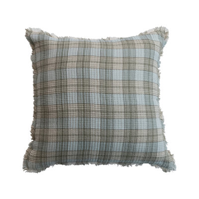 Rustic Woven Cotton Double Cloth Pillow with Chambray Back and Frayed Edges