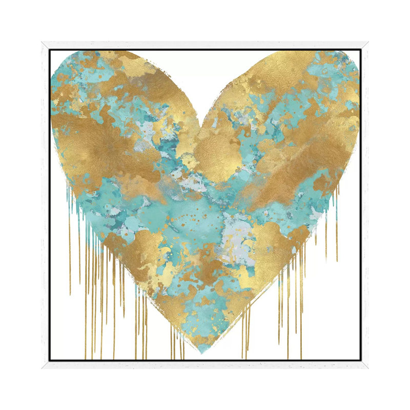Big Hearted Aqua And Gold by Lindsay Rodgers - Print on Canvas, 93.98cm H x 93.98cm W x 3.81cm D, White Framed
