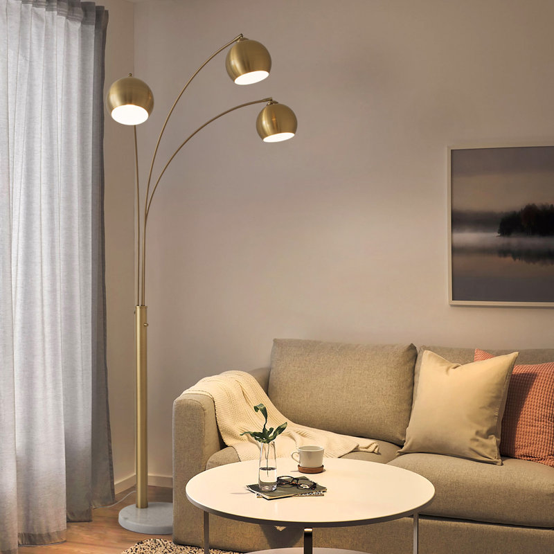 Triplet 3 Light Arc Floor Lamp - Nickel, Marble Base, Dimmer Switch, Weathered Brass, White 