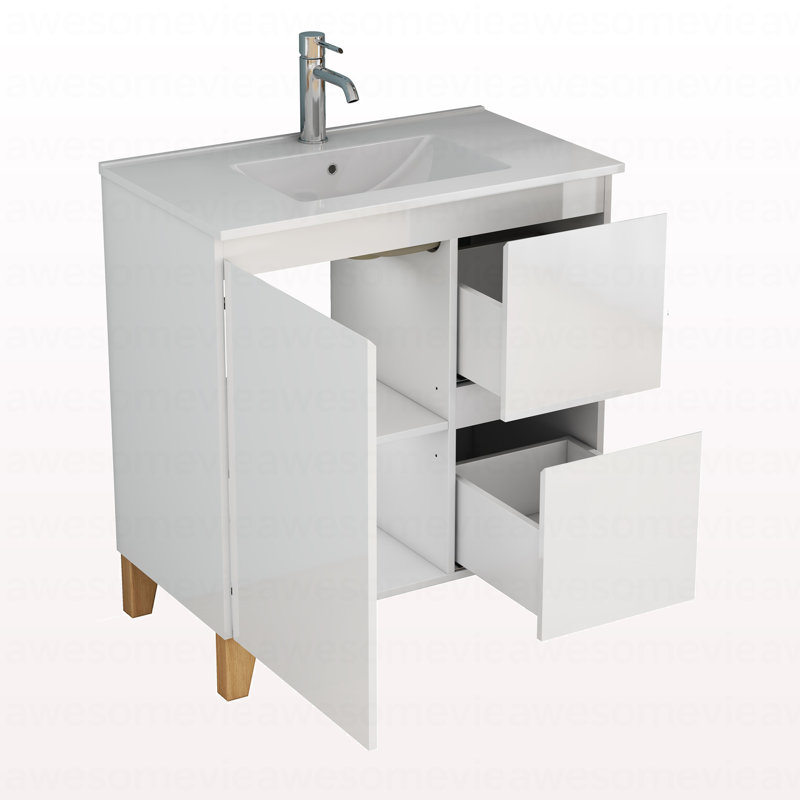 Ensemble de meuble-lavabo moderne 31,5 po avec lavabo, armoire avec 1 porte et 2 tiroirs, système de cloisonnement doux, conception sans poignée, pieds en bois massif naturel, facile à assembler, blanc brillant