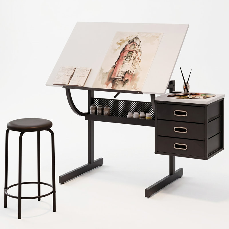 Bureau de dessin réglable avec 3 tiroirs, tabouret et tablette de rangement, station d'artisanat moderne - blanc, Blanc