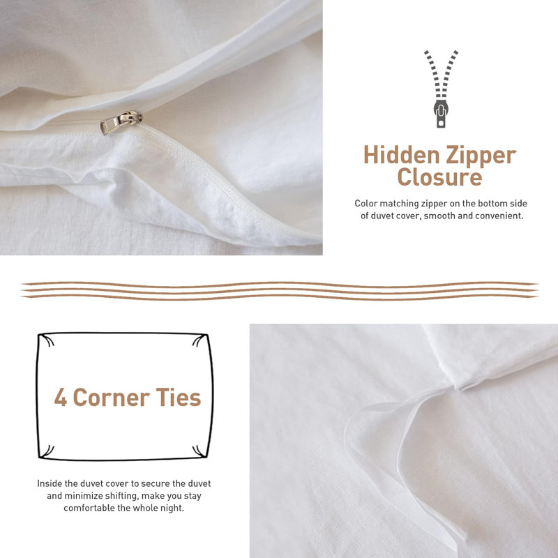 Ensemble de housse de couette en lin français 3 pièces avec fermeture à glissière cachée mélange de coton naturel, Blanc