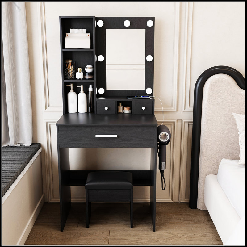 Table de coiffeuse compacte avec miroir, lumières DEL réglables, prise de courant, support pour sèche-cheveux et tabouret pour les petites chambres