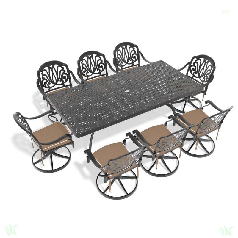L'ensemble de salle à manger en fonte d'aluminium toutes saisons comprend des chaises pivotantes et une table, 8