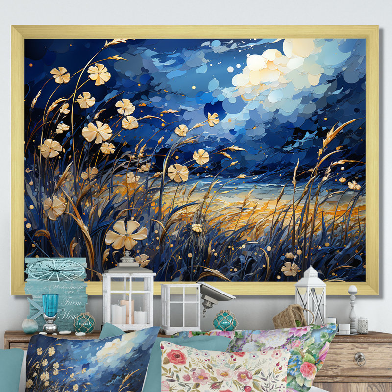 Coquelicots bleu marine - prairie, art mural, Cadre doré simple, H 30 po x l 40 po x P 1,5 po