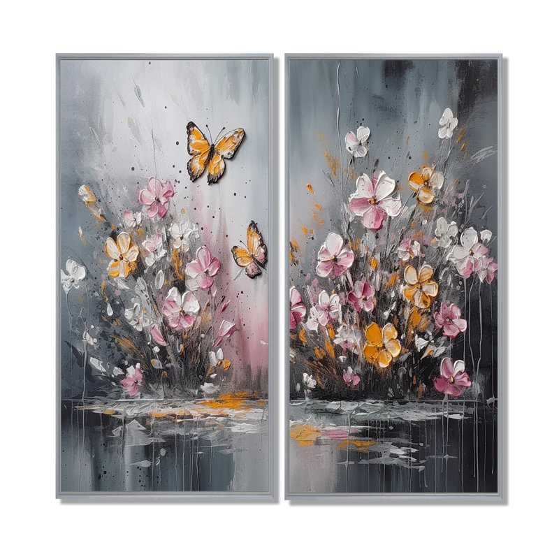 Fleurs avec papillons blancs II - Décoration murale traditionnelle 2 panneaux, 40'' H x 40'' W, Impression encadrée flottante