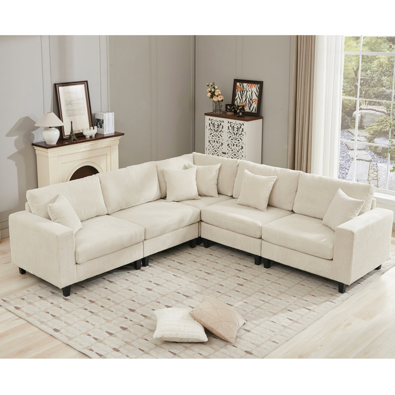 Ensemble de canapé modulaire surdimensionné surdimensionné, canapé en L, velours côtelé, rembourré, assise profonde, 5 places, 5 coussins décoratifs et 6 coussins de dossier, salon, appartement