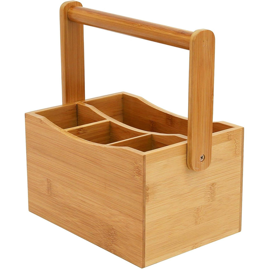 Mondul Bamboo Utensil Cutlery Holder Kitchen Storage 4 Compartments for Cutlery & Condiments