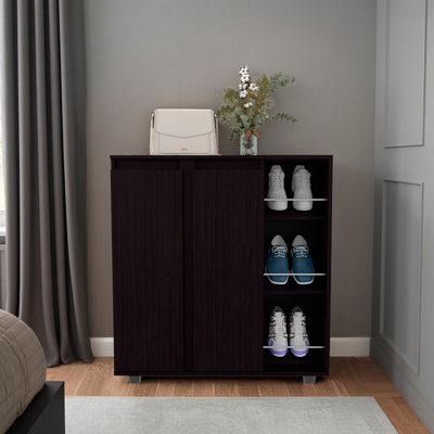 Shoe Rack 36" H, 2 Doors, 11 Shelves, Black - Bedroom
