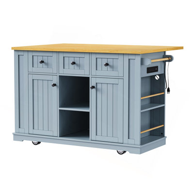 Grand îlot de cuisine de 53 pouces avec 2 tabourets de bar, prise de courant, support de rangement interne pour porte, chariot de rangement de cuisine sur 5 roulettes avec abattant, 5 supports latéraux ouverts, 3 tiroirs pour la cuisine, la salle à manger