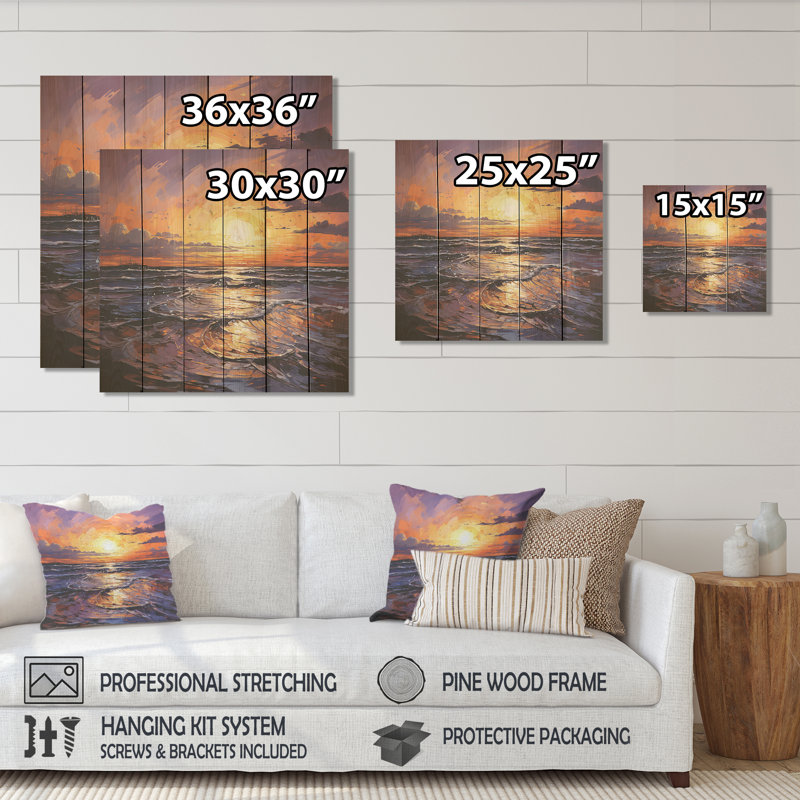Jaune et mauve, coucher de soleil sur les océans, Étreinte III - Coucher de soleil côtier sur bois, H 36 po x l 36 po