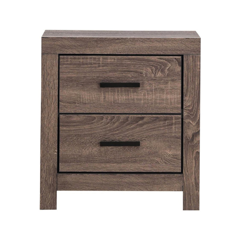 Table de chevet 2 tiroirs de style chêne avec poignées en bronze foncé au fini brun et aux accents en métal