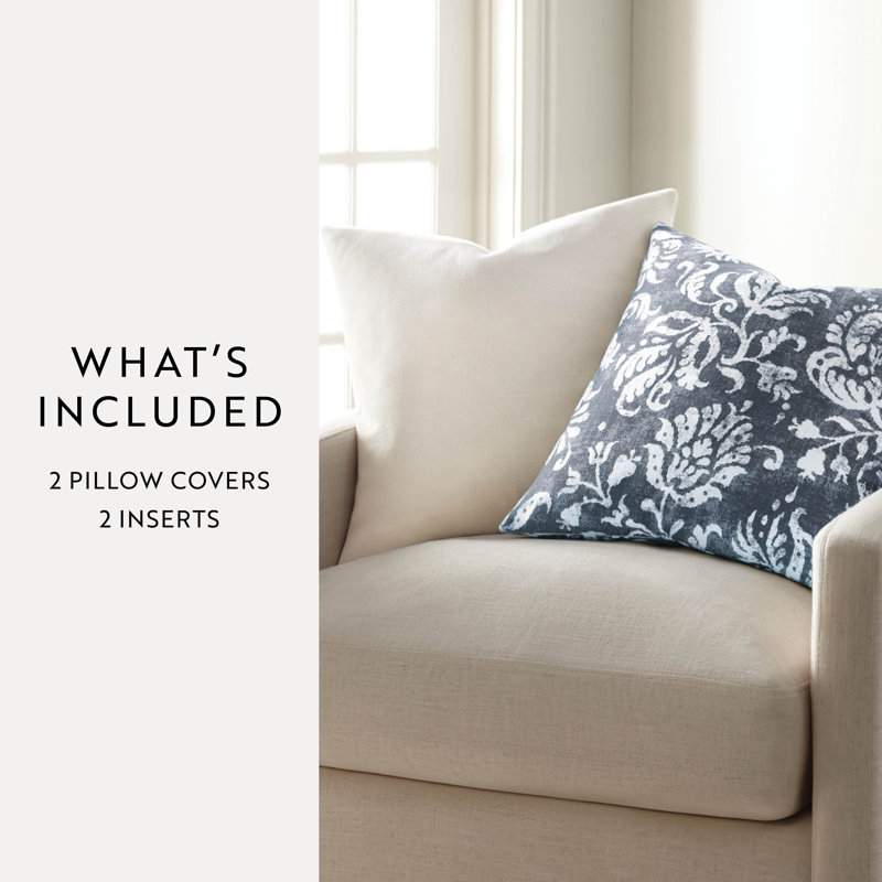 2-Pack Cotton Slub Decor Throw Pillows in Distressed Floral, Cream/ Navy Distressed Floral