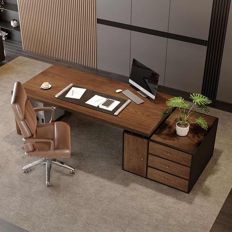 Bureau de direction rectangulaire avec tiroirs en bois massif brun et noisette + fer noir,  Retour à droite