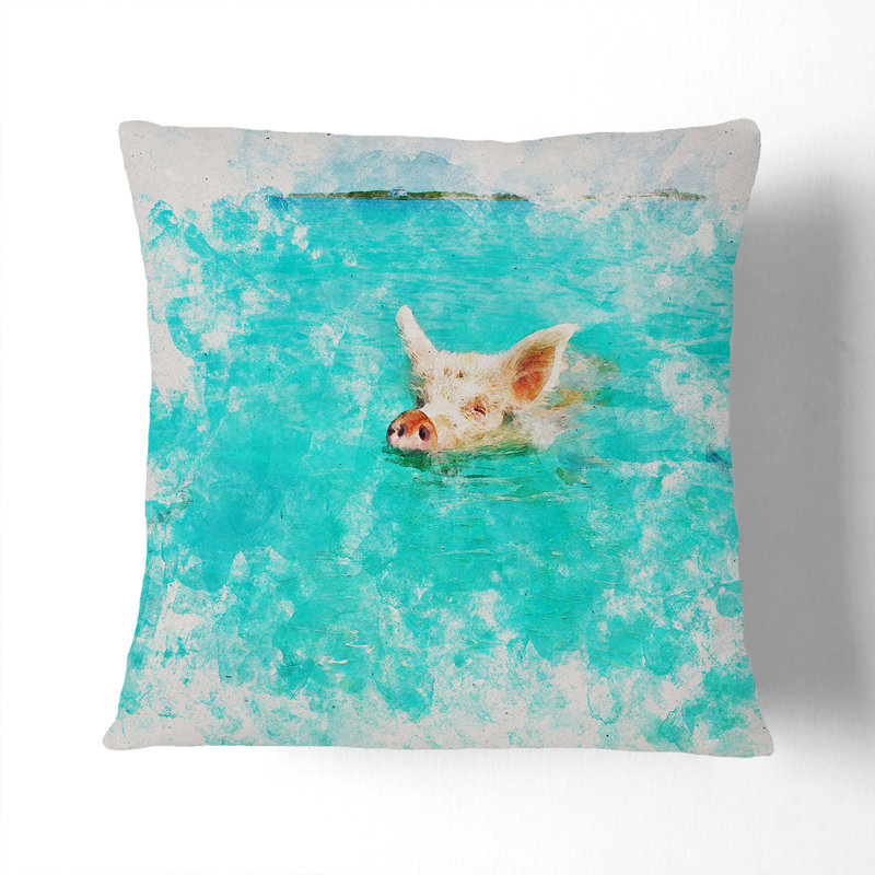 Swimming Pig Watercolour Square Throw Cushion, Stone, 55cm H x 55cm W x 20cm D