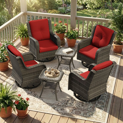 6-Piece Swivel Wicker Patio Conversation Set Rocking Chairs with Red Cushions and Coffee Tables