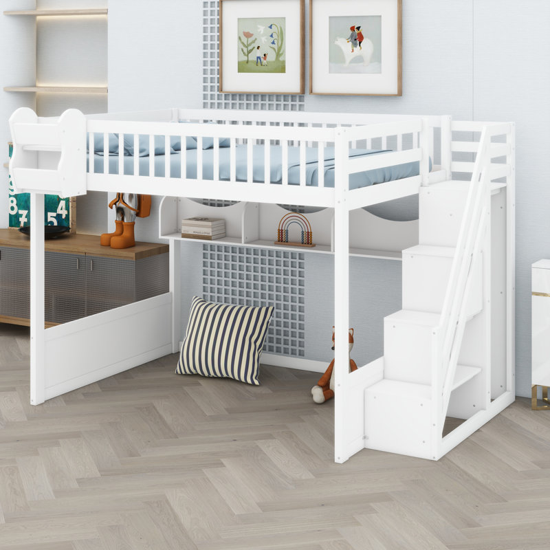 Ebern Designs Wooden Loft Bed With Staircase And Wardrobe - Wayfair Canada
