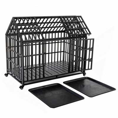 55" Heavy Duty Dog Crate Large Dog cage Strong Metal Dog Kennels and Crates for Large Dogs with 4 Lockable Wheels