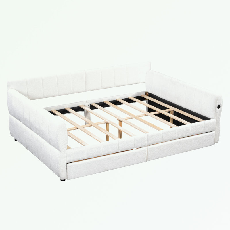 Queen Size Upholstered Platform Bed with USB and 2 Drawers, White