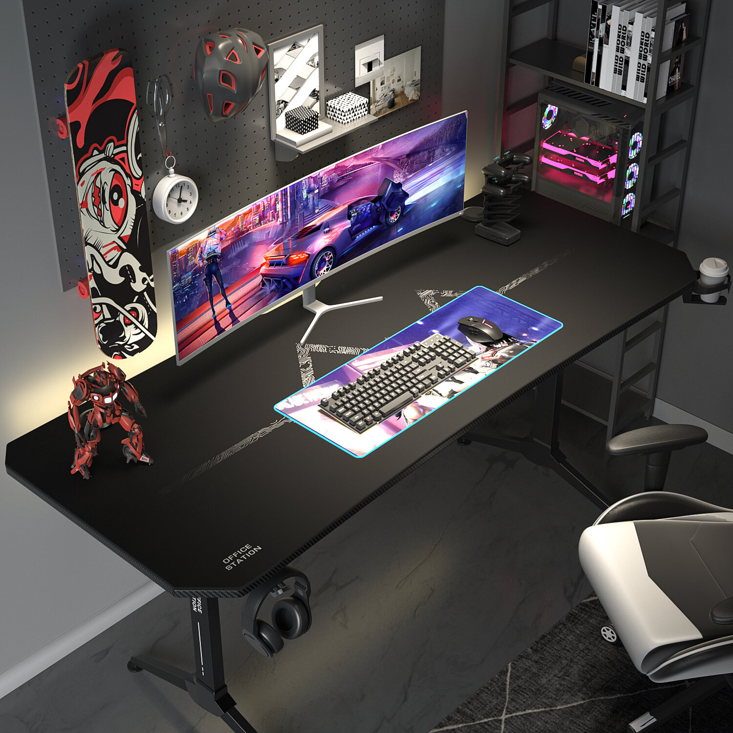Black Gaming Desk with Cup Holder/Headphone Hook/2 Wire Management Holes &  Black Reclining Back/
