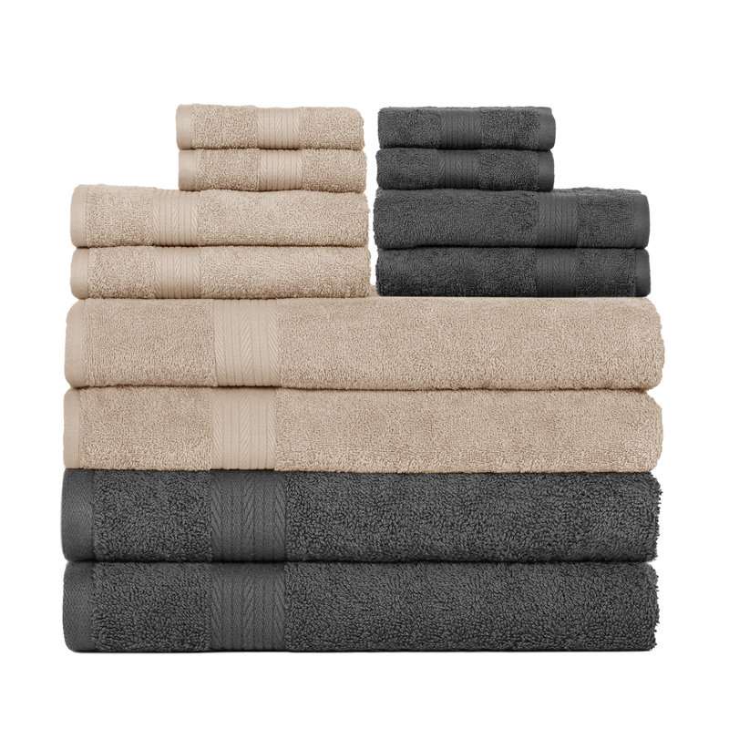 100% Cotton Bathroom Towel Set of 12 Absorbent Soft Plush Fast Drying, Beige/Grey