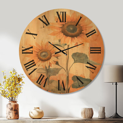 Horloge murale ronde grand format de style ferme, motif tournesols ensoleillés, imprimée sur bois.