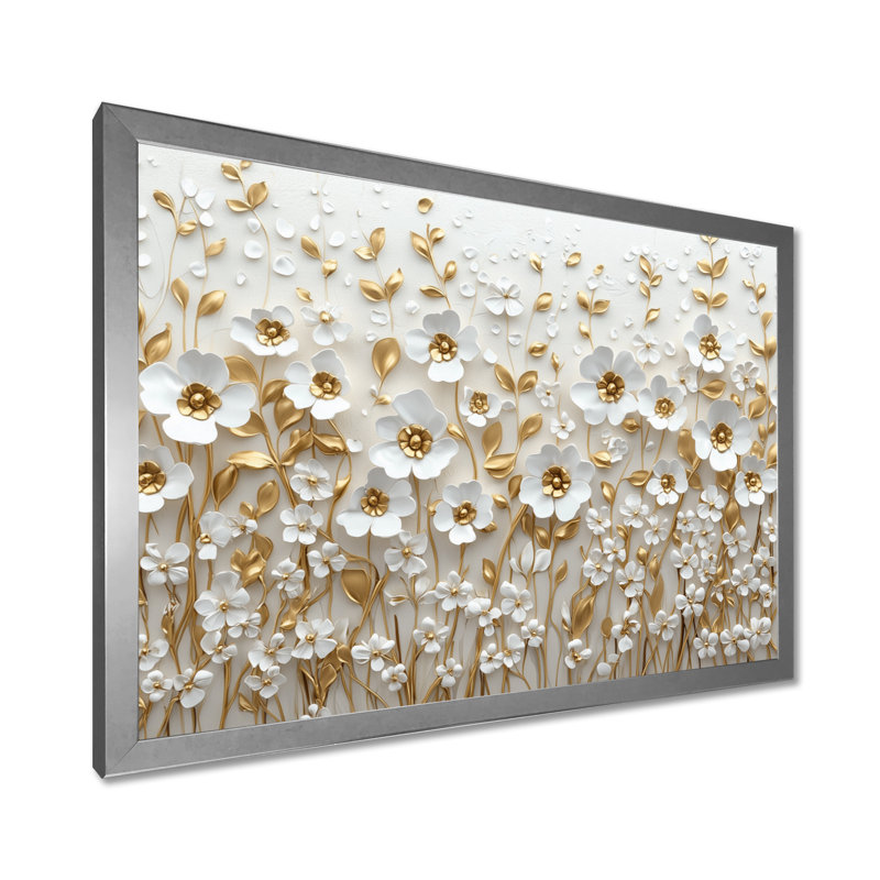 Orchidée blanche Moriyama, jardin de branches I - art mural fleurs sauvages pour le salon, H 16 po x l 32 po, Argent argent