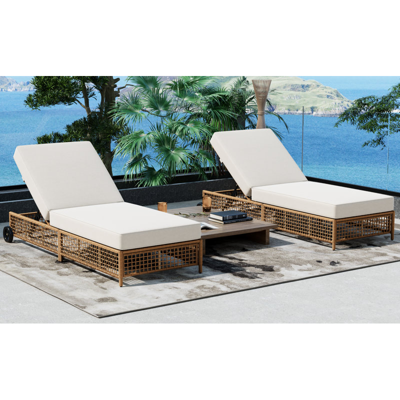 Chaise longue d'extérieur en rotin, dossier réglable à 5 positions, osier en PE avec coussin et roulettes, naturel et beige