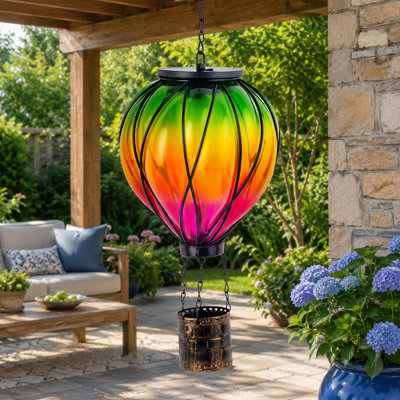 Colorful Hot Air Balloon Solar Lantern with Flickering Flame, Weatherproof Hanging Light for Patio, Porch, Yard, or Garden Decor