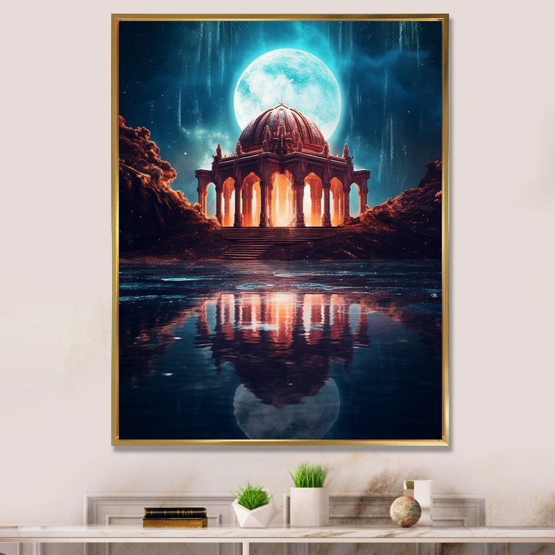 Ancien temple grec sous la majestueuse pleine lune - impression, 40" H x 30" W, Cadre flottant doré