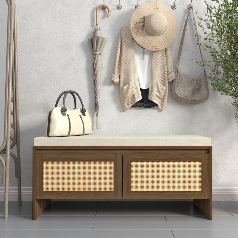 Banc de rangement à chaussures en rotin PP avec coussin et 2 portes