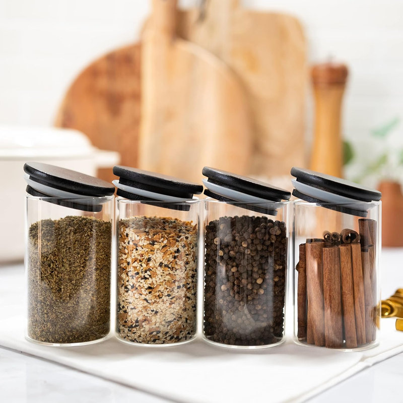 12 pots à épices en bambou noir - grands pots en verre de 8,5 oz avec couvercles en bambou noir - bocaux d'assaisonnement