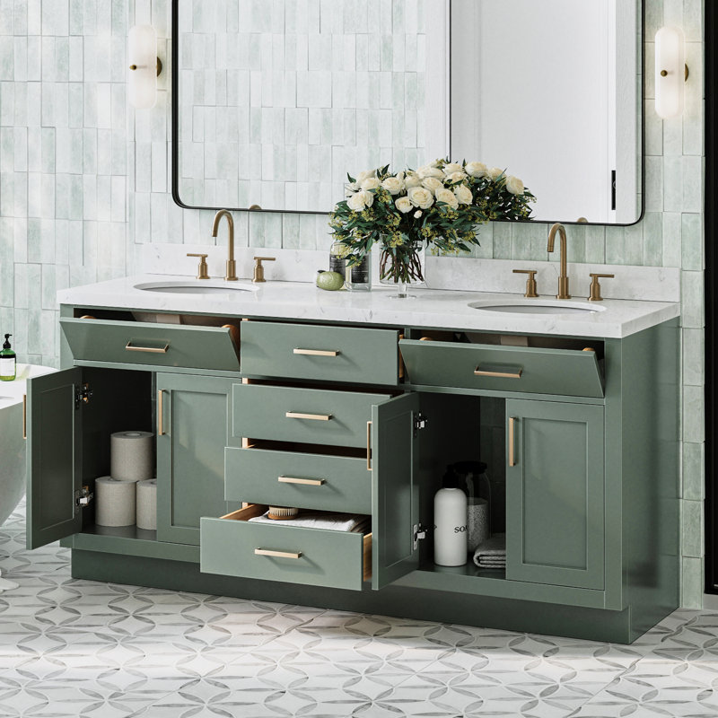 Meuble-lavabo double en bois massif 72 po avec plateau en quartz Carrara de 1,5 po Thornaby, Ovale, Vert rétro