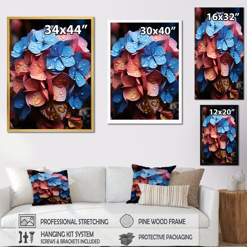 Mélange d'hortensias en fleurs avec arc-en-ciel, Cadre photo noir simple, H 32 po x l 16 po x P 1 po