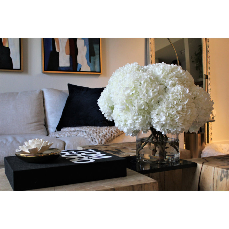White Hydrangeas In Clear Glass Cylinder Vase, White, 16" H x 18" W x 18" D