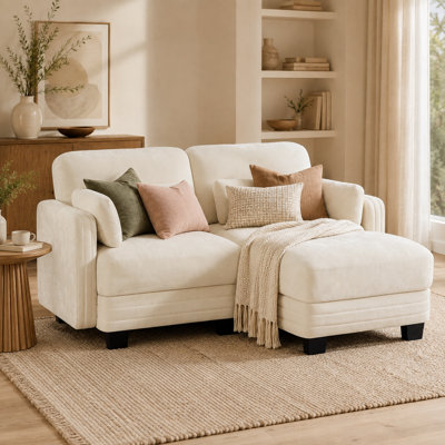 Canapé d'angle 2 places Channell en forme de L, capitonné, avec pouf amovible, style moderne et minimaliste, revêtement en chenille, mousse haute résilience, assise matelassée