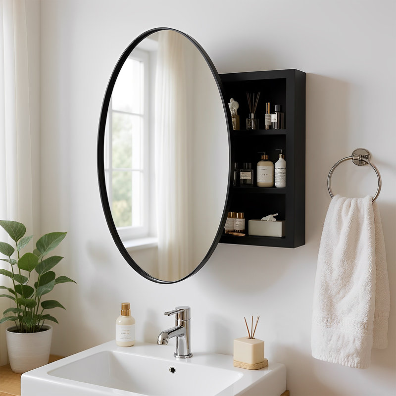 Armoire ronde pour miroir de salle de bain | Armoire de rangement murale à une porte | Cadre en fer noir mat | Tablettes réglables | Prêt à assembler | 20,5 po de diamètre x 4,9 po de profondeur