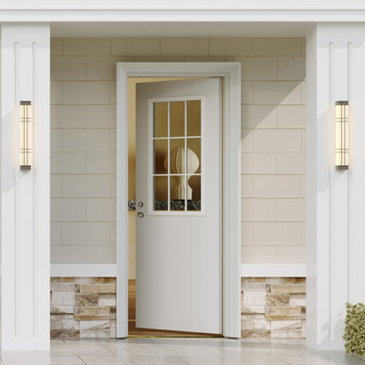 Entry Door Slab With Lock Set – 9-Lite Clear Glass & Solid Panel, White Primed Solid Wood, Stainless Steel Deadbolt & Handle Keyed Alike