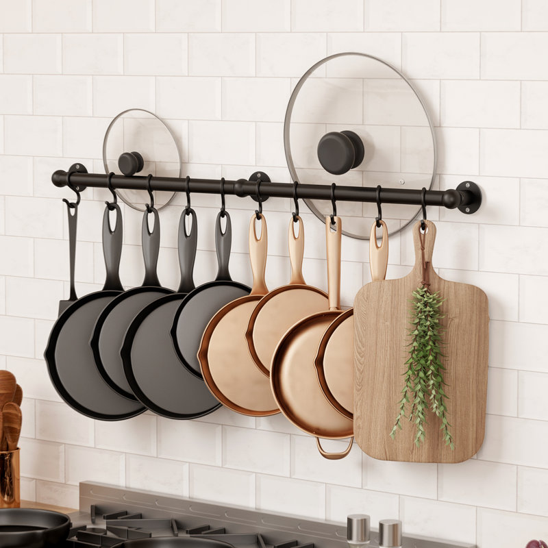 32 Inch 130lb High-Capacity Storage Rail Rack With 10 Hooks Wall Mounted Organizer Black Kitchen Pot Rack 18/8 Stainless Steel