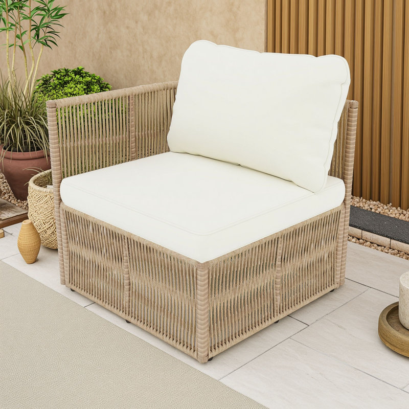 Ensemble de canapé de conversation pour patio en rotin en PE avec structure en fer antirouille, coussins, table basse en verre et tablette