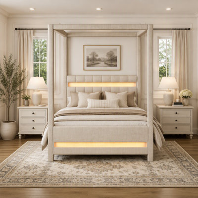 Upholstered Canopy Platform Bed with LED Lights