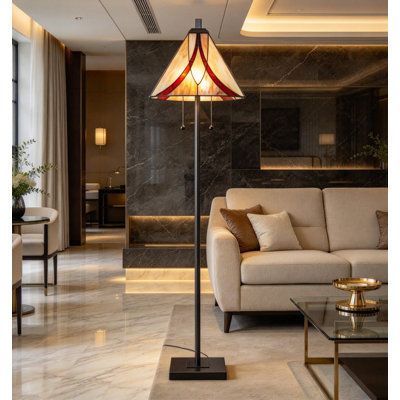 Lampe sur pied de style Tiffany de 160 cm, pied en métal bronze huilé, abat-jour en vitrail brun et crème, lampe sur pied traditionnelle avec double chaînette pour salon ou chambre, ampoule non incluse
