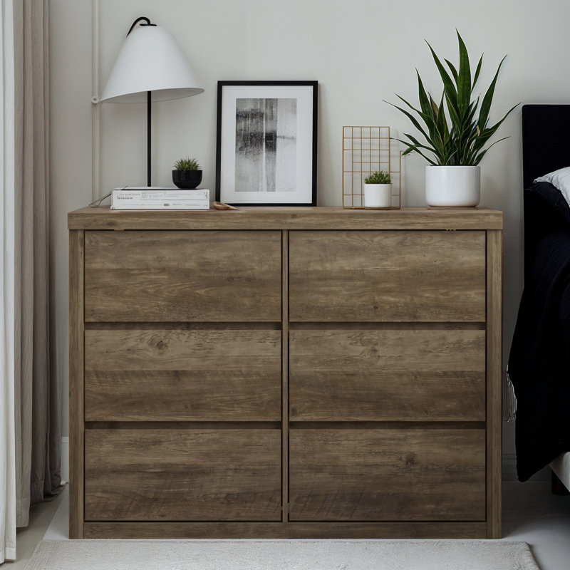 Brannick 46.5" W Handleless 6-Drawer Double Dresser, Knotty Oak