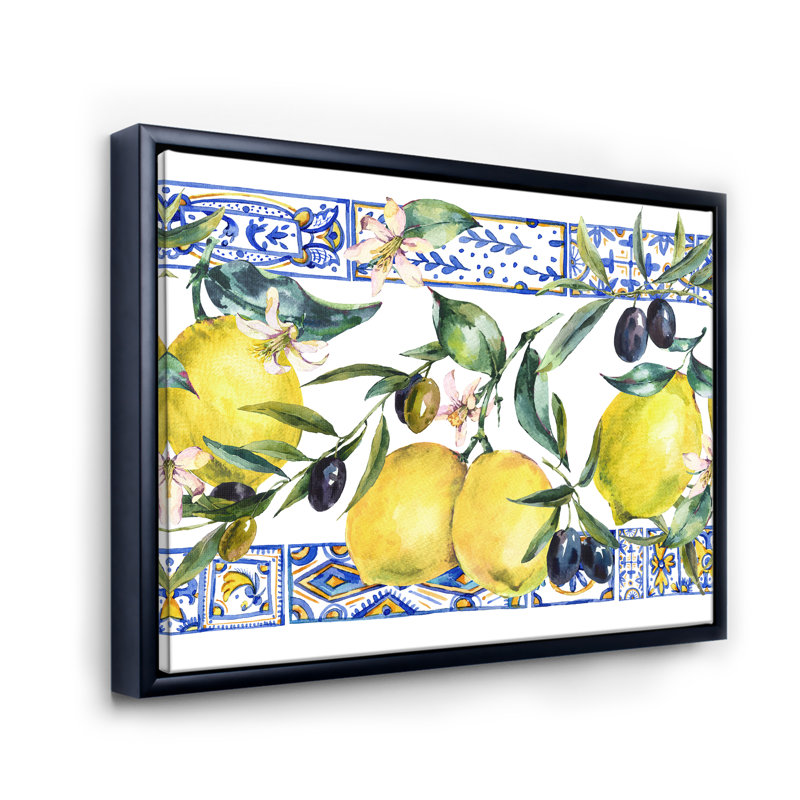 Ornement en forme de citron sur un motif géométrique bleu II - reproduction de cadre flottant sur toile, Cadre noir
