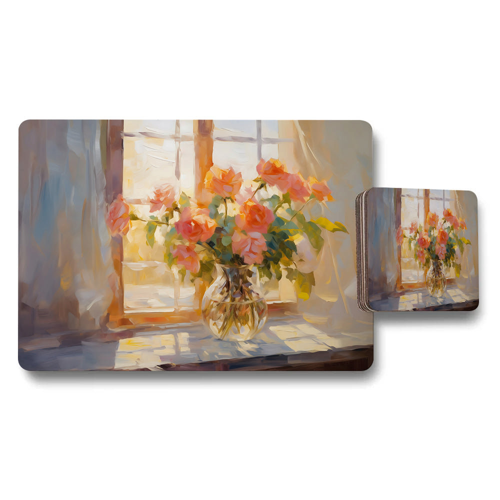 Pink Roses In Glass Vase By Window Placemat And Coaster Set