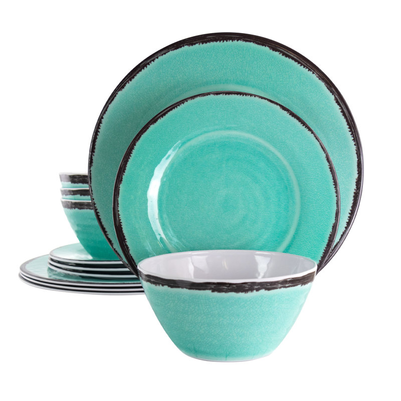 Turquoise Crackle Melamine 12-Piece Outdoor Dinnerware Set